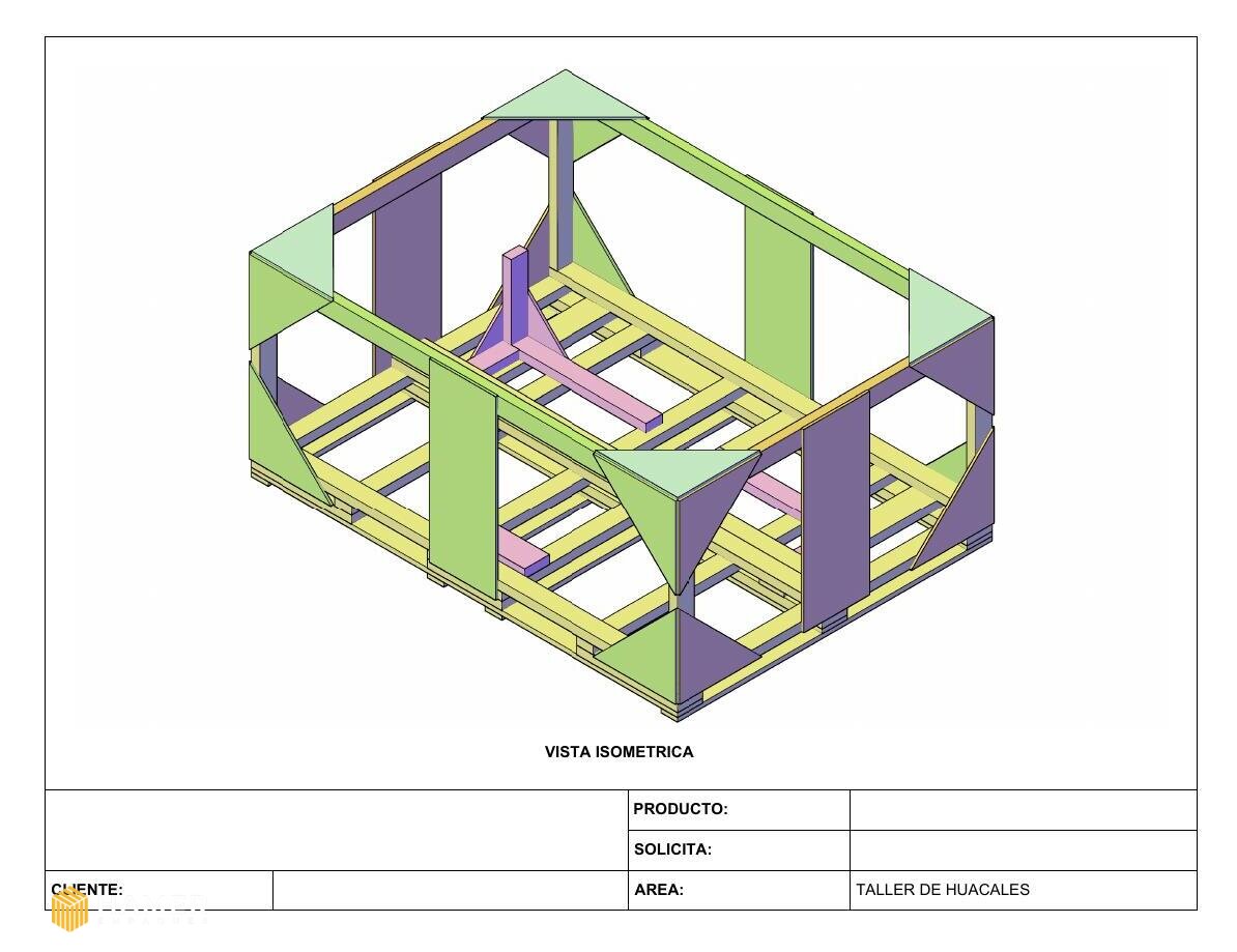 Plano isométrico de huacal de 100 x 76.5 x 47 con soportería interna a medida